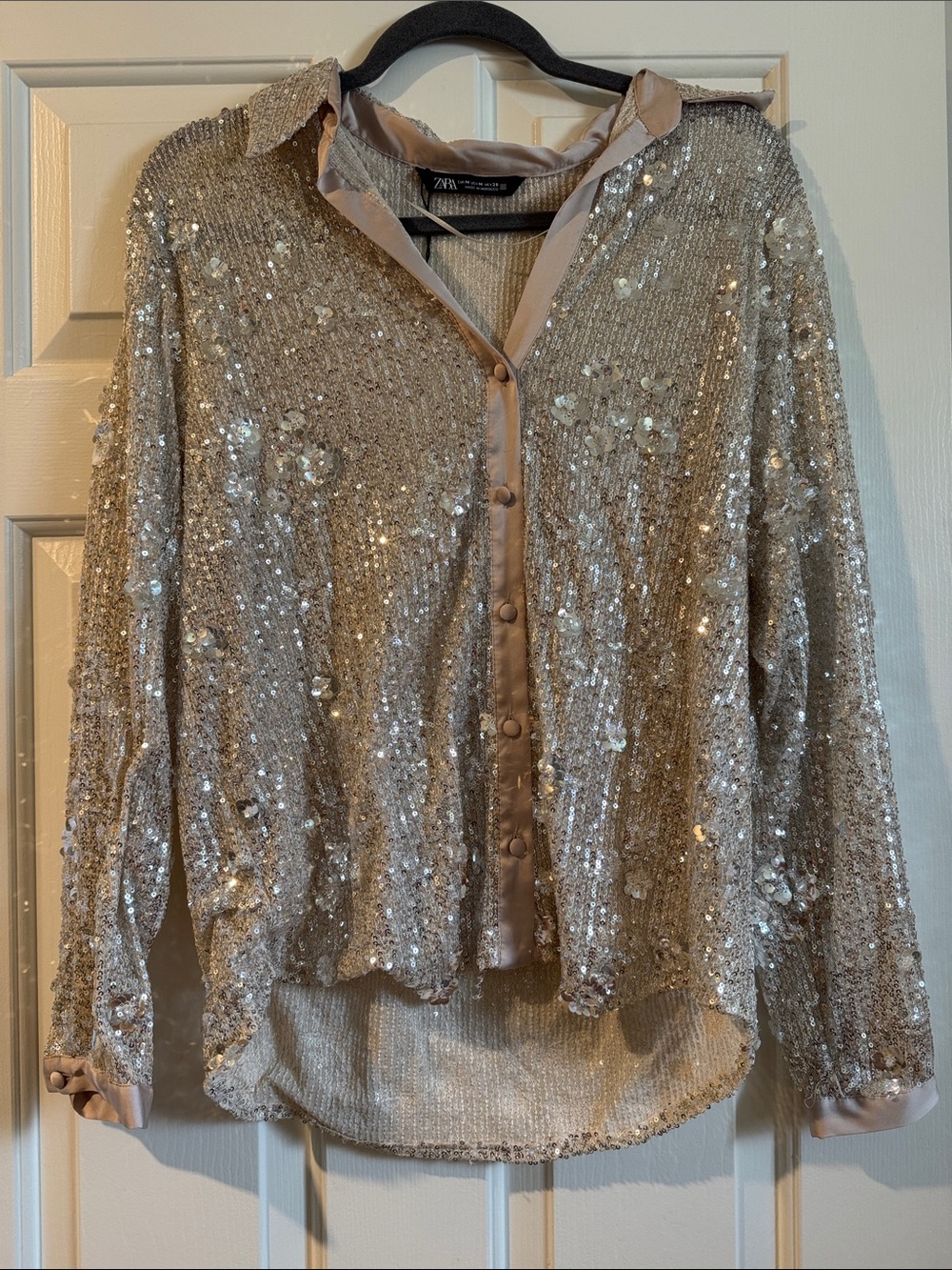 Zara Champagne Sequin Button-Front Blouse